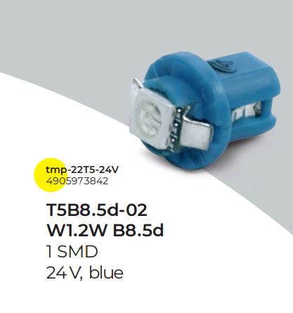Лампа панели приборов, подсветкa кнопок T5 B8,5d-02 (1SMD) W1.2W Base: B8.5d голубая 24V