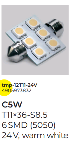 Лампа T11x36-S8.5 WARM WHITE C5W 24V